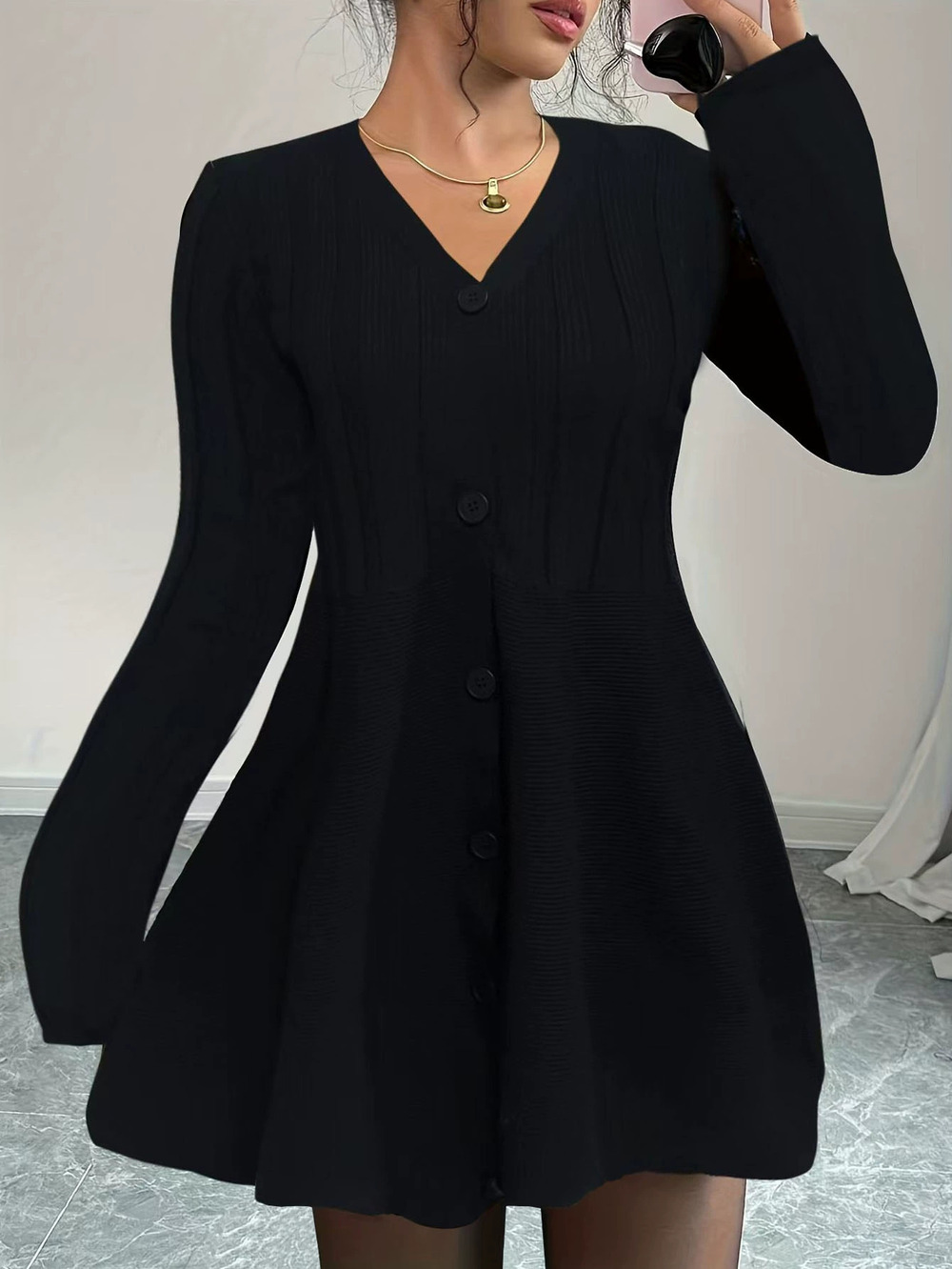 ZARA Womens Black Collar Long Sleeve Button Knit Dress